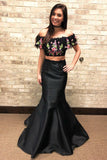 Two Piece Embroidery Black Long Prom Dress HZ0509