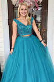 Piece Turquoise Beaded A Line Tulle Prom Dress HZ0509
