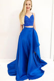 Two Piece Royal Blue Long Prom Dress with Pockets Side Slit HZ0509