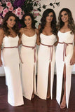 Spaghetti Straps Floor-Length Split Off White Bridesmaid Dress with Sash HZ0509