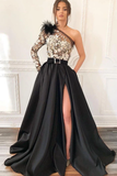 One-Shoulder Black Long Appliqued Split Prom Dress With Pockets Feathers HZ0509