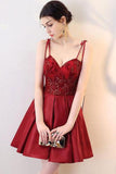 V Neck A Line Satin Straps Short Homecoming Dresses HZ0509