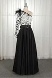 One-Shoulder Black Long Appliqued Split Prom Dress With Pockets Feathers HZ0509