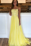 Cross Back Beaded Yellow Long A Line Prom Dress HZ0509