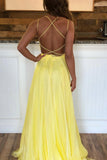 Cross Back Beaded Yellow Long A Line Prom Dress HZ0509