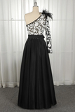 One-Shoulder Black Long Appliqued Split Prom Dress With Pockets Feathers HZ0509