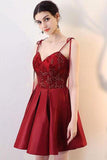 V Neck A Line Satin Straps Short Homecoming Dresses HZ0509