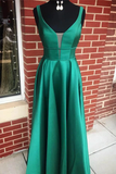 A-Line V Neck Blue Satin Long Prom/Formal Dress With Pockets HZ0509