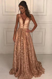 Deep V-Neck Floor-Length Lace Prom Dress with Beading HZ0509