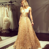 Deep V-Neck Floor-Length Lace Prom Dress with Beading HZ0509