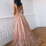 Deep V-Neck Floor-Length Lace Prom Dress with Beading HZ0509
