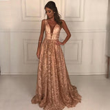 Deep V-Neck Floor-Length Lace Prom Dress with Beading HZ0509