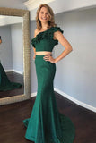 Two Pieces Mermaid One Shoulde Green Prom Dress With Ruffles HZ0509