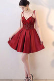 V Neck A Line Satin Straps Short Homecoming Dresses HZ0509