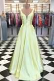 A-Line V Neck Blue Satin Long Prom/Formal Dress With Pockets HZ0509