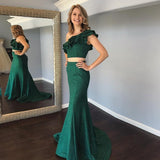 Two Pieces Mermaid One Shoulde Green Prom Dress With Ruffles HZ0509