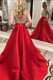 A Line Long Backless Beaded Prom Dress with Pockets HZ0509