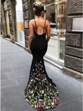 Spaghetti Straps Sweep Train Black Prom Dress with Floral Embroidery HZ0509