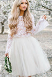 White Tulle Long Sleeve Lace Two Pieces Short Cheap Homecoming Dresses HZ0509
