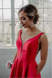 A-Line V Neck Blue Satin Long Prom/Formal Dress With Pockets HZ0509