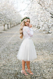 White Tulle Long Sleeve Lace Two Pieces Short Cheap Homecoming Dresses HZ0509