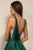 A-Line V Neck Blue Satin Long Prom/Formal Dress With Pockets HZ0509