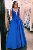 A-Line V Neck Blue Satin Long Prom/Formal Dress With Pockets HZ0509