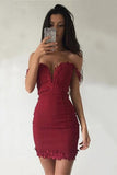 Off the Shoulder Short Dark Red Homecoming Dress with Lace Appliques HZ0509