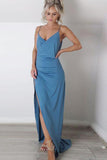 Spaghetti Straps Sweep Train Blue Simple Prom Dress with Split HZ0509