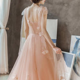 A Line Long Tulle Prom Dresses With Flowers HZ0509