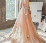 A Line Long Tulle Prom Dresses With Flowers HZ0509