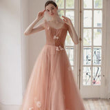 A Line Long Tulle Prom Dresses With Flowers HZ0509