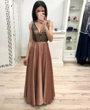 A Line Long V Neck Prom Dresses With Beads HZ0509