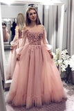 Ball Gown Blush Pink Lace Prom Dresses With Long Sleeves HZ0509