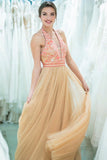A Line Gold Halter Long Tulle Prom Dresses With Beads HZ0509