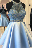 Blue Satin Sleeveless Beaded Short Homecoming Dresses HZ0509