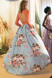 Pieces Long Sleeves Prom Dresses, Floral Print Prom Gown With Pockets HZ0509