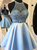 Blue Satin Sleeveless Beaded Short Homecoming Dresses HZ0509