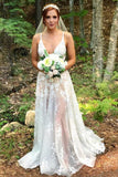 A-Line Spaghetti Straps Sweep Train Wedding Dress with Appliques HZ0509