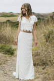 Piece V-Neck Cap Sleeves White Lace Wedding Dress HZ0509