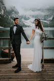 Short Sleeves Floor-Length Lace Beach Wedding Dress HZ0509