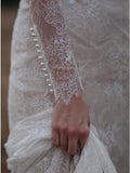 Jewel Long Sleeves Lace Wedding Dress with Pearls HZ0509