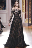 Long Sleeves Off the Shoulder Lace Appliques A Line Black Prom Dresses HZ0509