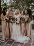 V-Neck Floor-Length Rose Pink Sequined Bridesmaid Dress HZ0509