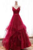 Sparkly Red Straps Ruffles Long Prom/Evening Dress with Open Back HZ0509