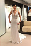 V-Neck Backless Court Train Ivory Wedding Dress with Lace HZ0509