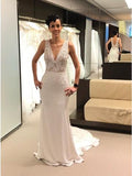 V-Neck Backless Court Train Ivory Wedding Dress with Lace HZ0509