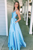 V-Neck Light Blue Spaghetti Straps Prom Dress with Pockets HZ0509