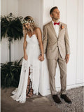 Spaghetti Straps Backless Hi-Low Lace Boho Beach Wedding Dress HZ0509