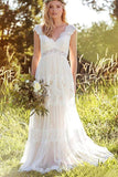 A Line V Neck Lace Bridal Gown Simple Beach Wedding Dresses HZ0509